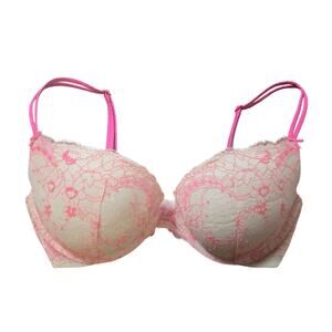 Victoria's Secret Nude & Hot Pink Lace Push Up Bra - 34D